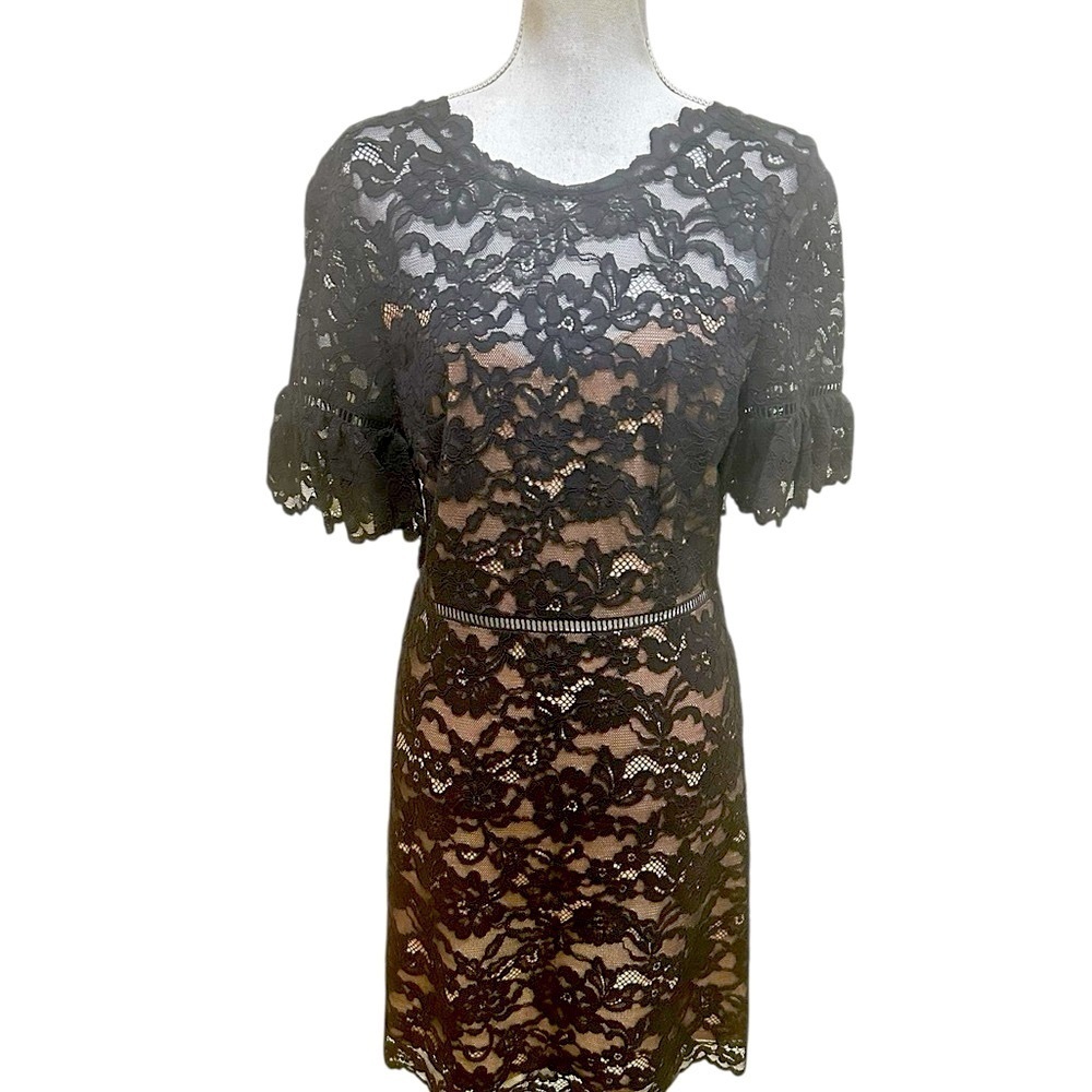 NWT Rebecca Taylor Black Lace Dress v back ruffle short sleeve size 8 - Picture 4 of 16